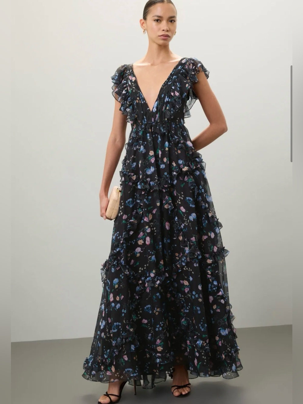 Mac Duggal Ruffled Black Floral Ruffle V‑Neck Maxi Dress G